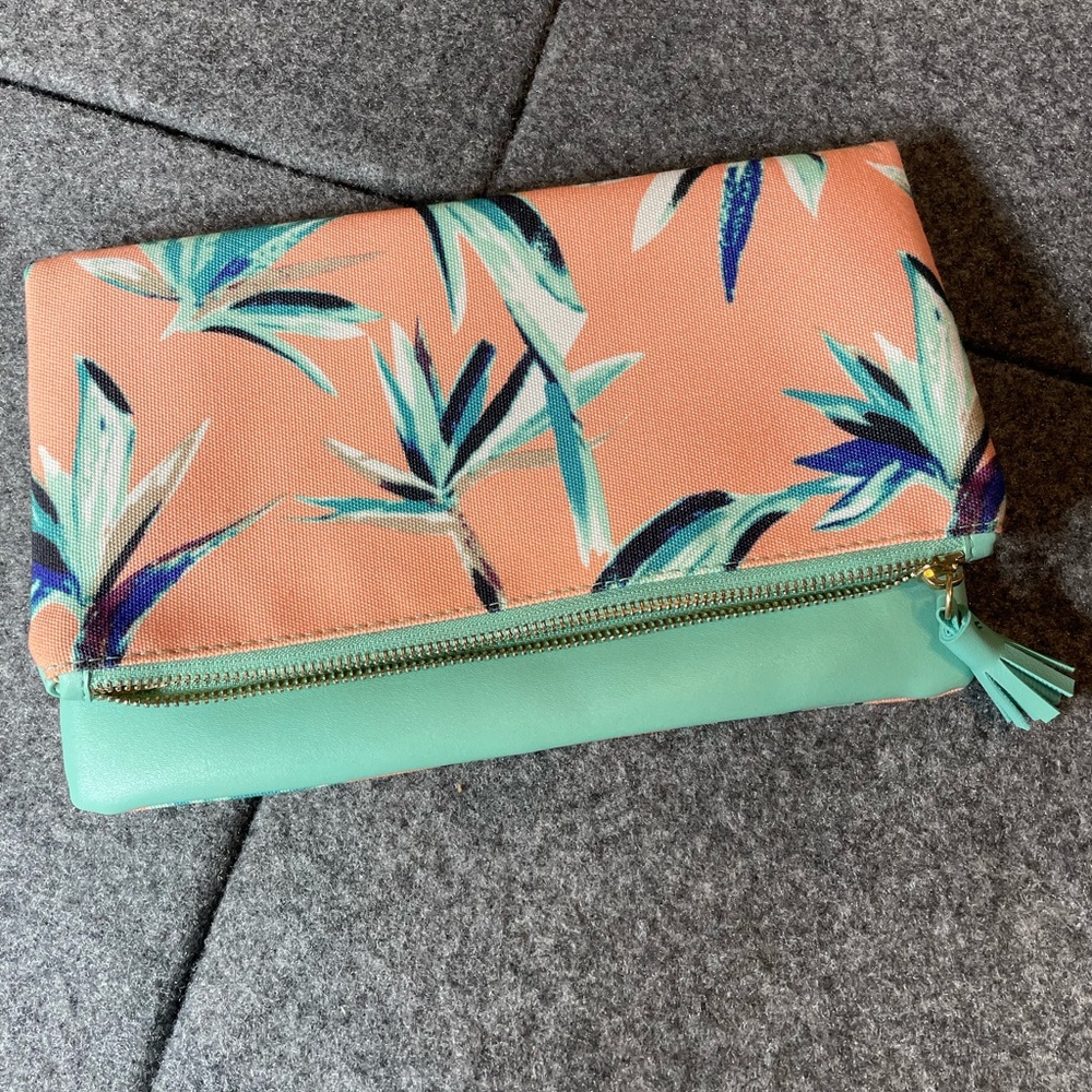 Rachel Pally Coral and Mint Leaf Clutch